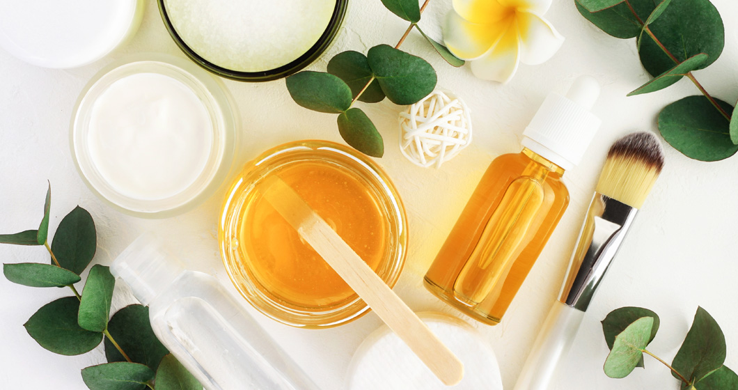 Display of different skin care products resemble the natural additives and functionals product category